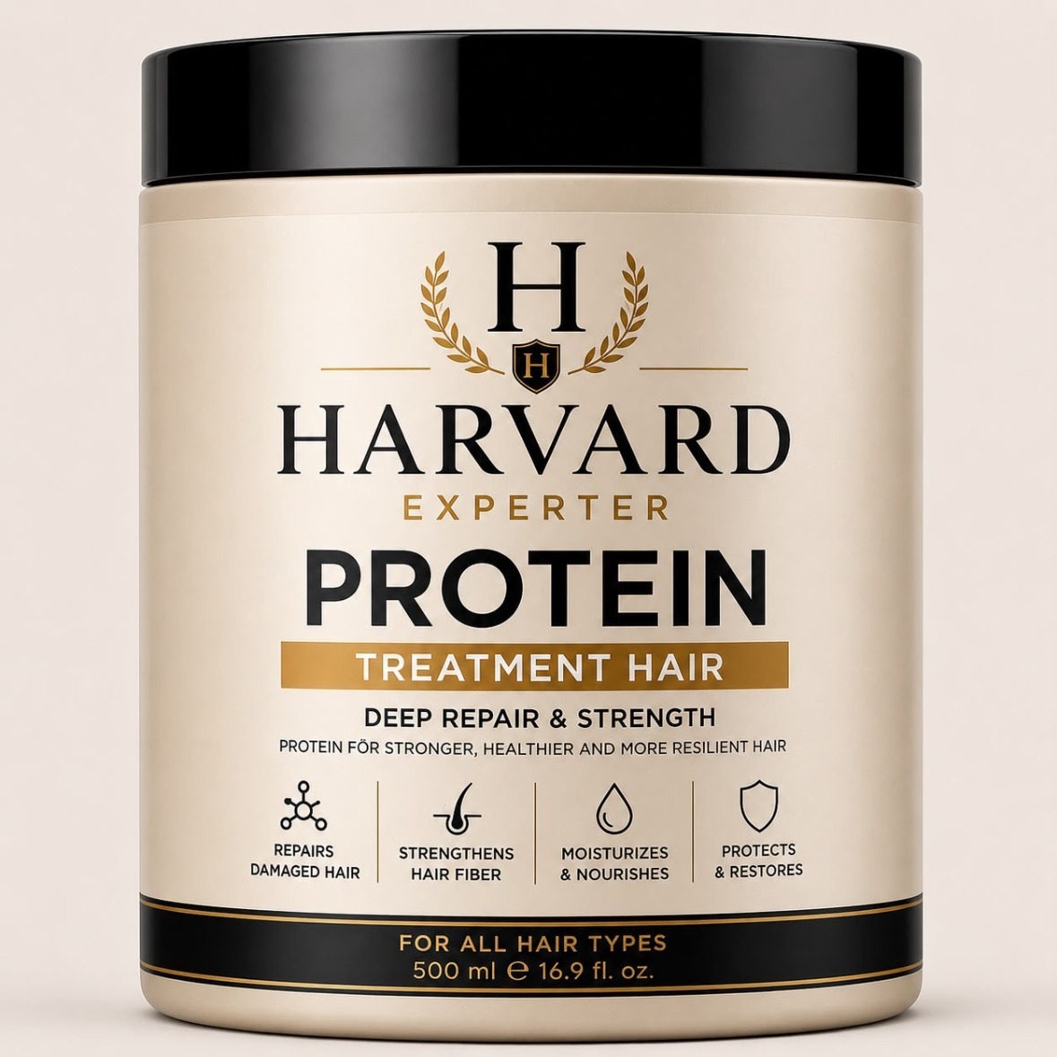 Harvard Experter Protein Treatment in a black jar with gold label